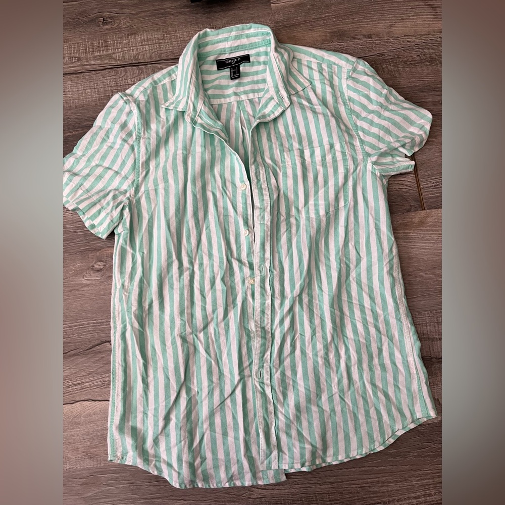 Forever 21 Green and White Striped Casual Button Down Shirt beach vacation